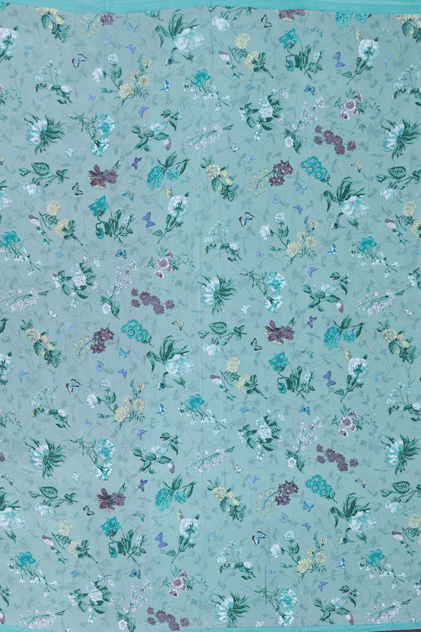 Crepe Saree In Turkish Blue With Floral Printed Design