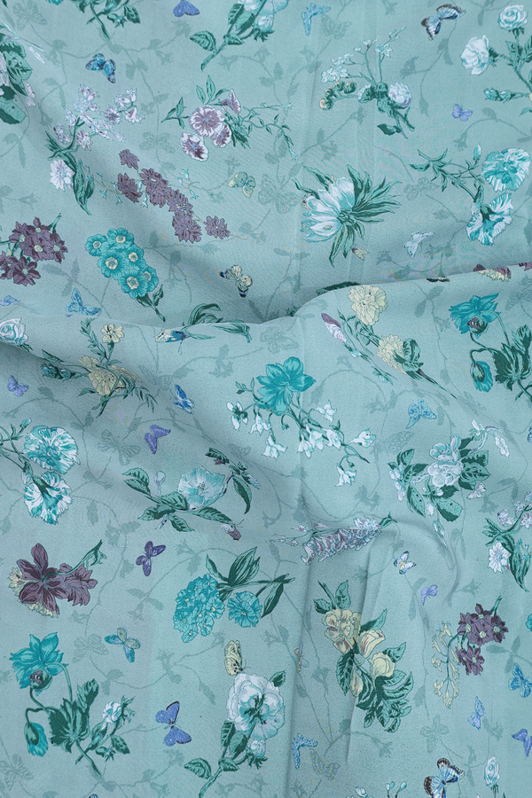 Crepe Saree In Turkish Blue With Floral Printed Design