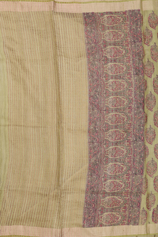 Tussar Silk Saree In Pear Green With Paisley Motifs