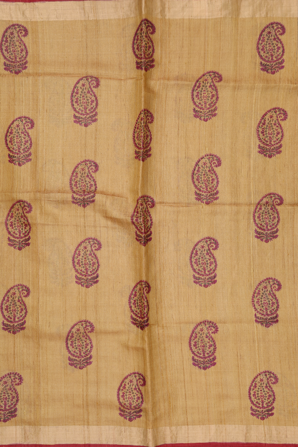 Tussar Silk Saree In Golden Yellow With Paisley Design