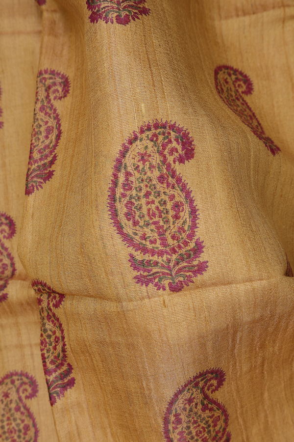 Tussar Silk Saree In Golden Yellow With Paisley Design