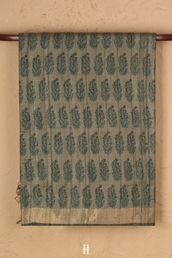 Tussar Silk Saree In Greenish Brown With Floral Design