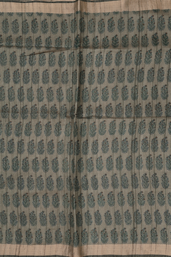 Tussar Silk Saree In Greenish Brown With Floral Design
