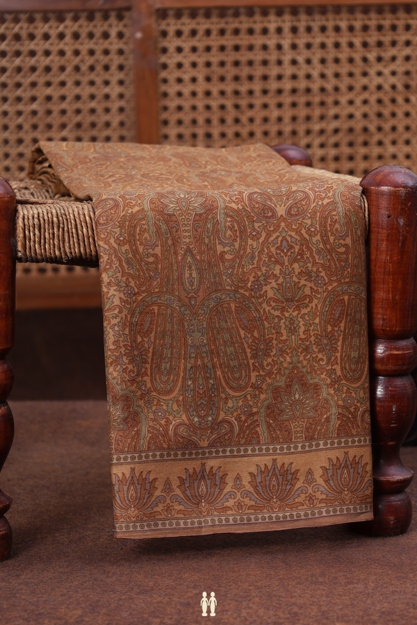 Printed Silk Saree In Light Brown With Paisley Design