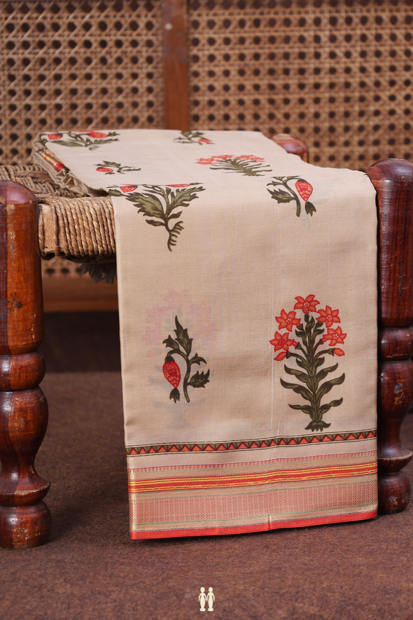 Printed Silk Saree In Light Brown With Floral Motifs