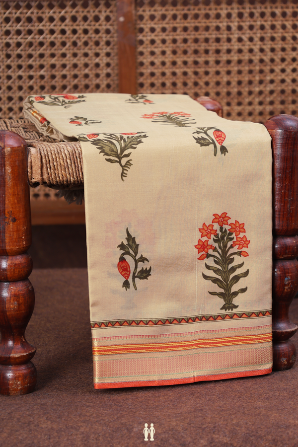 Printed Silk Saree In Light Brown With Floral Motifs