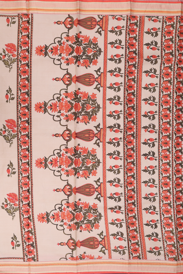 Printed Silk Saree In Light Brown With Floral Motifs