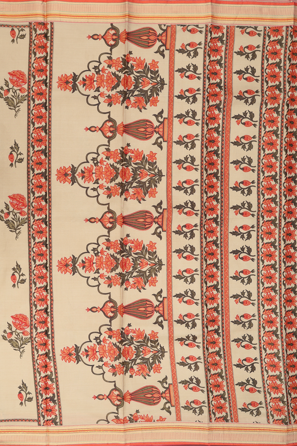Printed Silk Saree In Light Brown With Floral Motifs