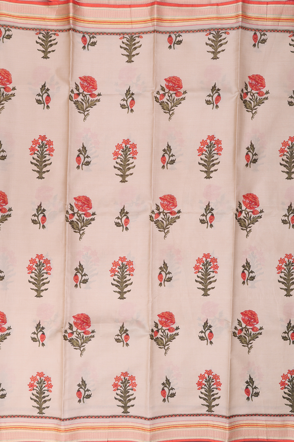 Printed Silk Saree In Light Brown With Floral Motifs