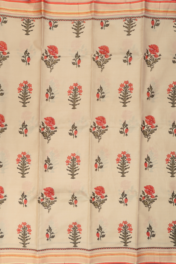 Printed Silk Saree In Light Brown With Floral Motifs