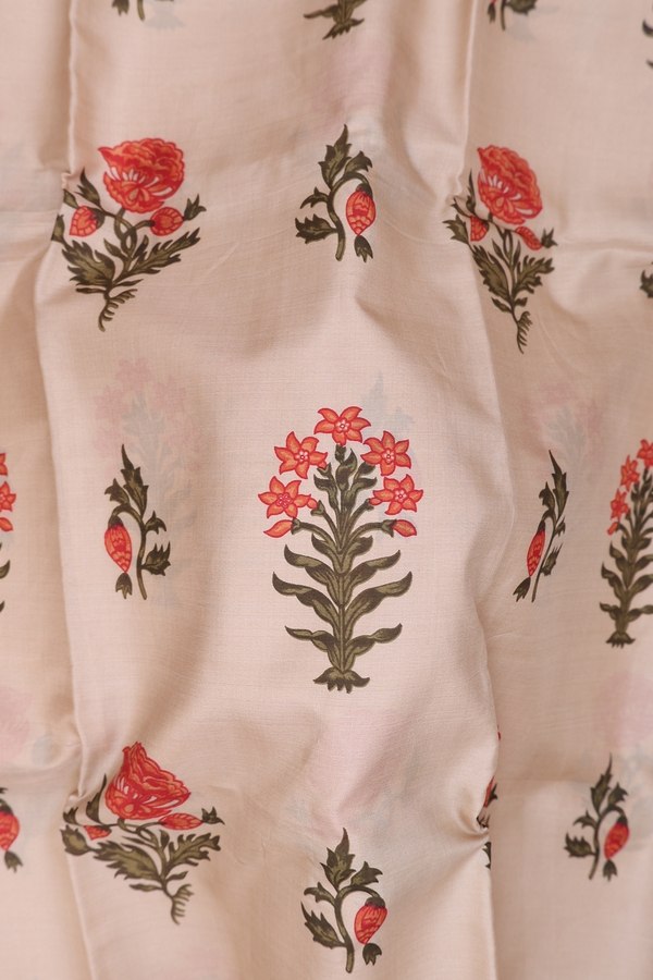 Printed Silk Saree In Light Brown With Floral Motifs