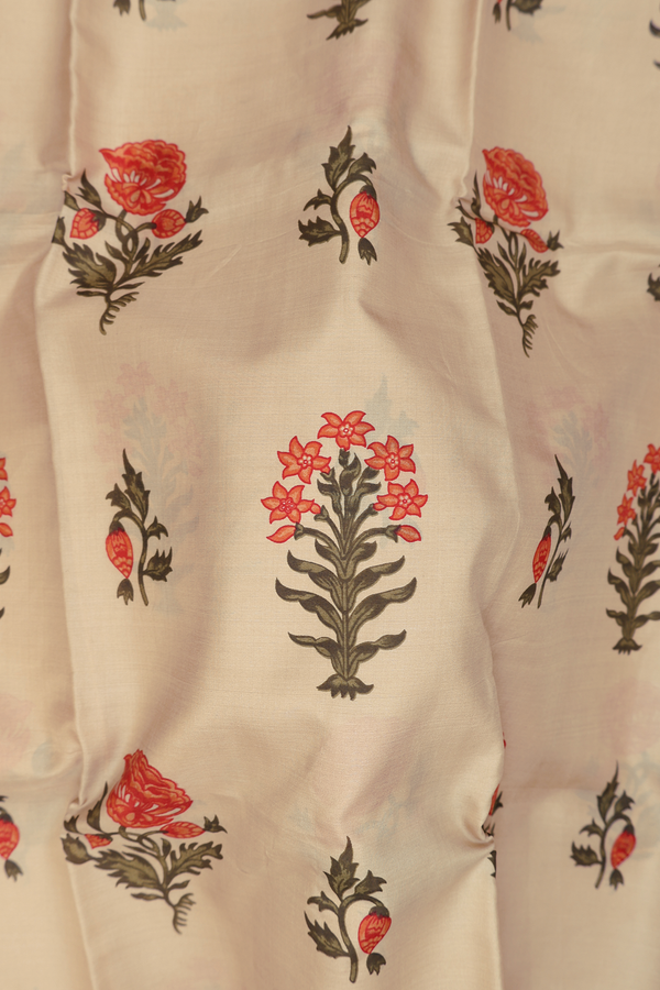 Printed Silk Saree In Light Brown With Floral Motifs