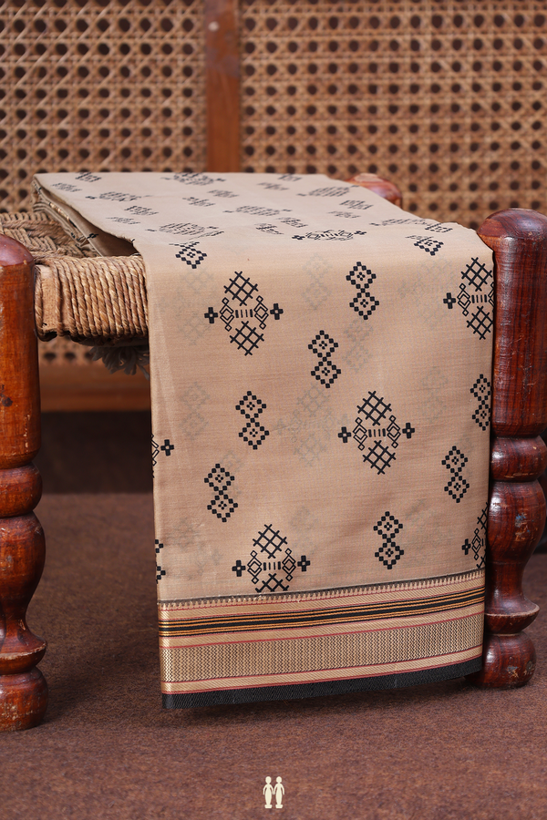 Printed Silk Saree In Pastel Brown With Geometric Buttas