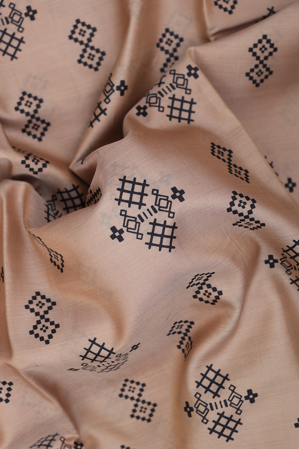 Printed Silk Saree In Pastel Brown With Geometric Buttas