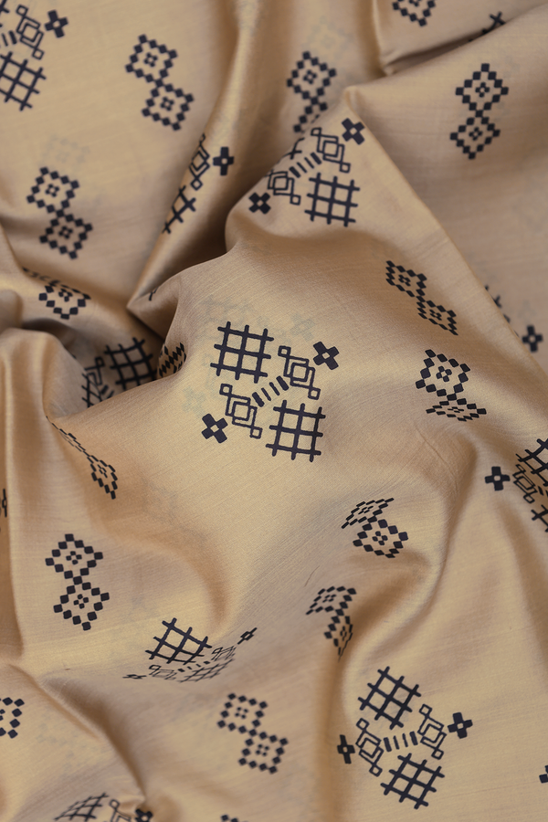Printed Silk Saree In Pastel Brown With Geometric Buttas