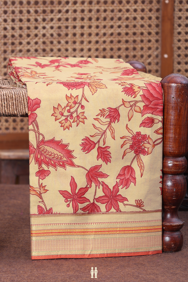 Printed Silk Saree In Pastel Brown With Floral Design