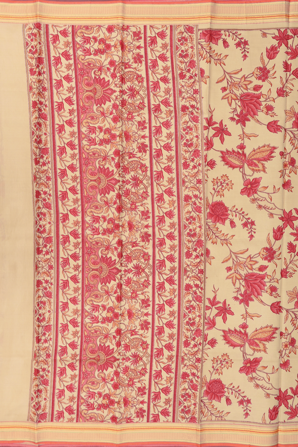 Printed Silk Saree In Pastel Brown With Floral Design