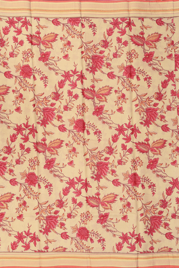 Printed Silk Saree In Pastel Brown With Floral Design