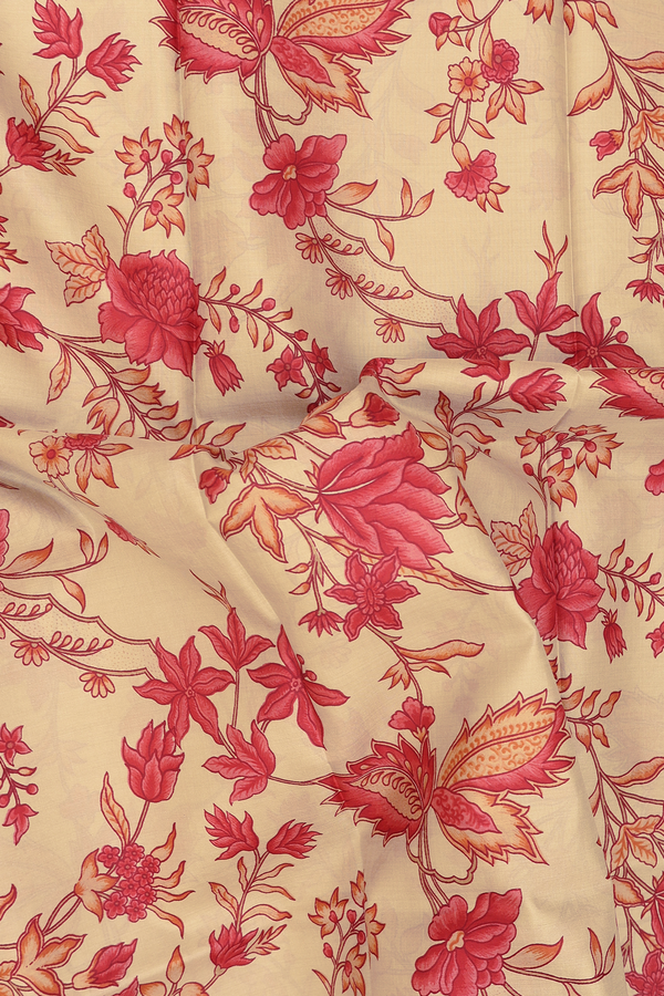 Printed Silk Saree In Pastel Brown With Floral Design