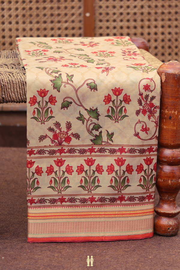 Printed Silk Saree In Light Brown With Floral Design