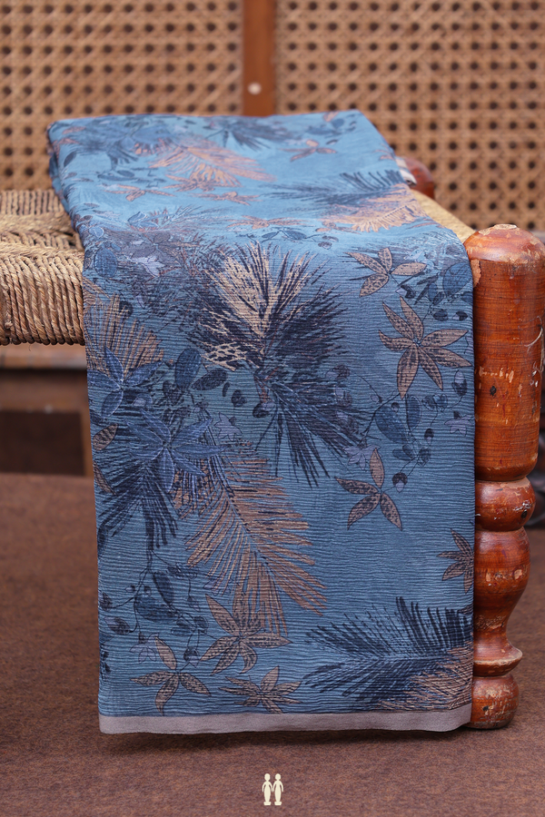 Chiffon Saree In Capri Blue With Leaf Design