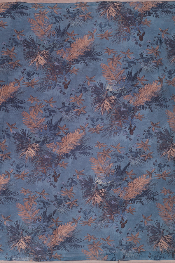 Chiffon Saree In Capri Blue With Leaf Design