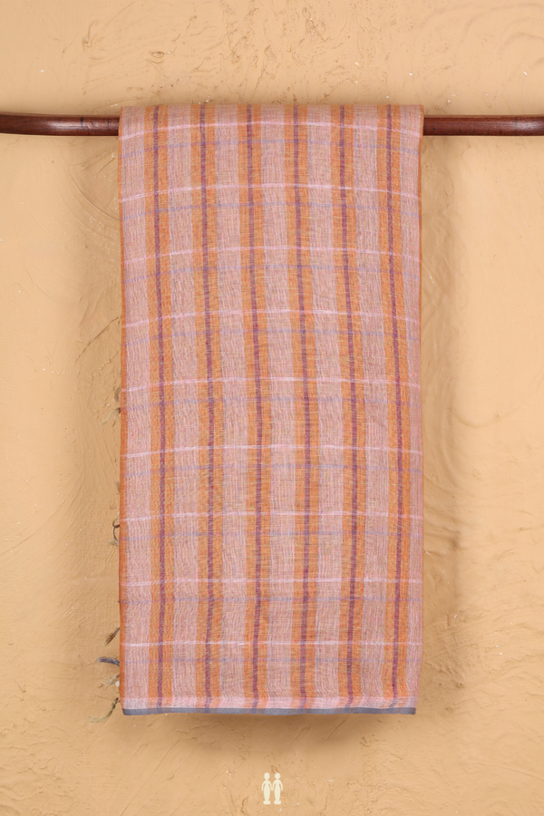 Linen Saree In Shades Of Orange With Checked Design