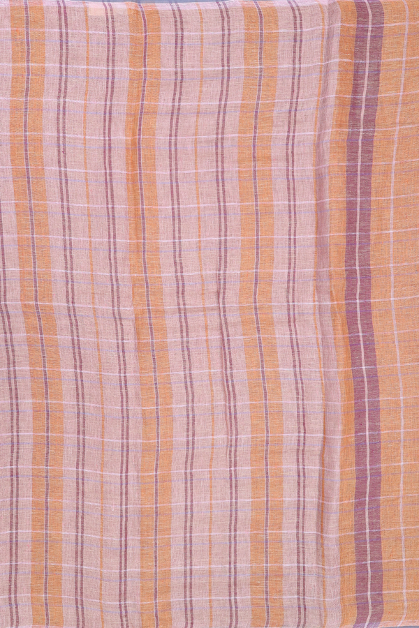 Linen Saree In Shades Of Orange With Checked Design
