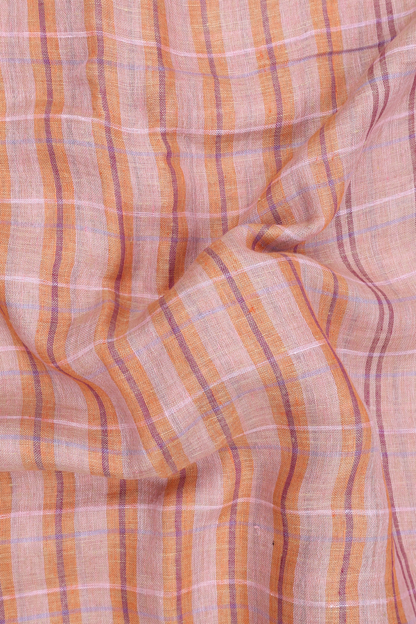 Linen Saree In Shades Of Orange With Checked Design