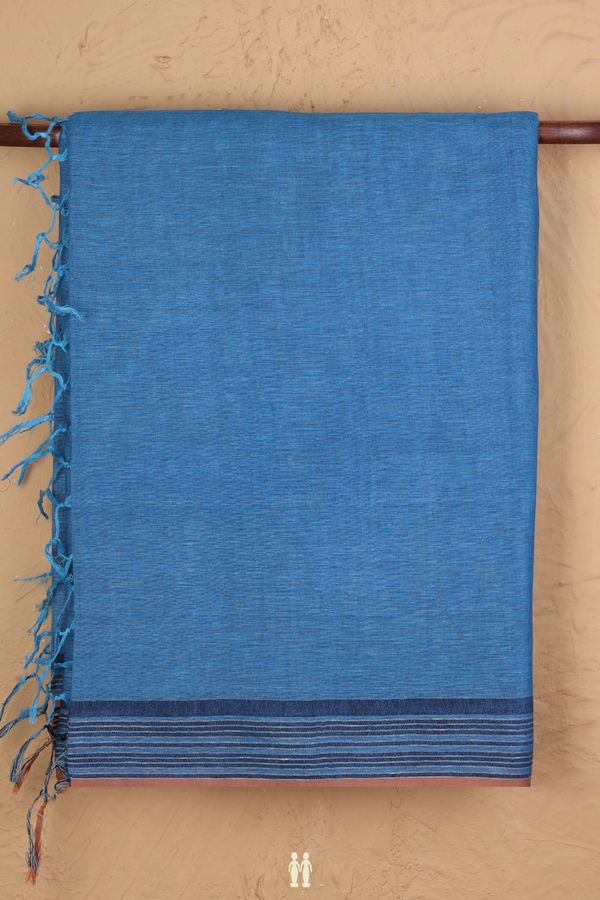 Linen Saree In Capri Blue With Stripes Border