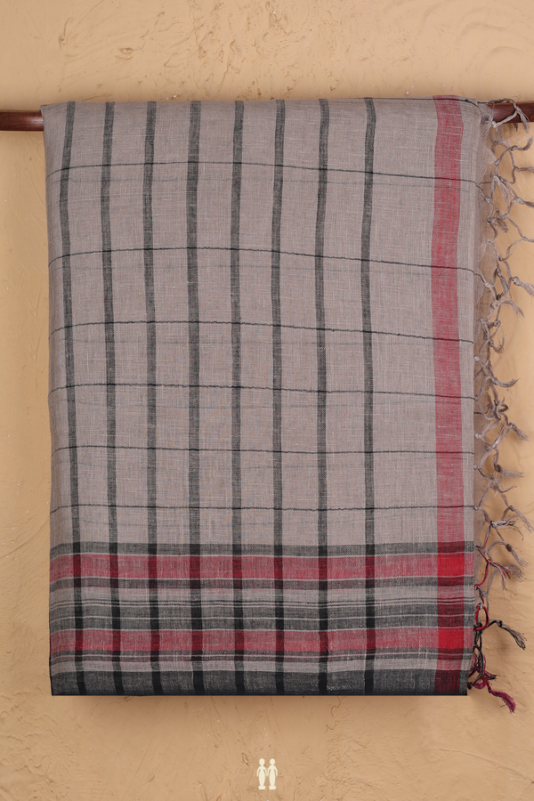 Linen Saree In Dusty Brown With Checks Design