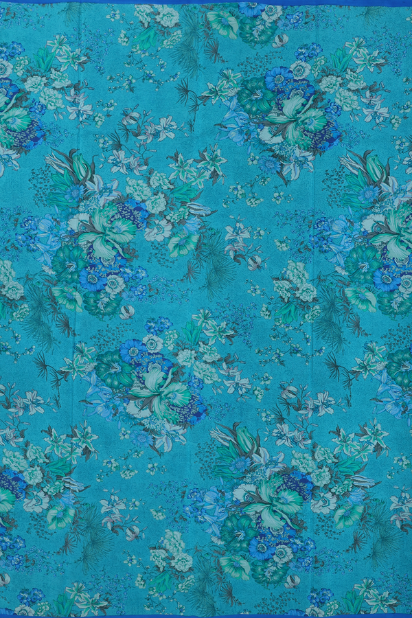 Crepe Saree In Peacock Blue With Floral Design