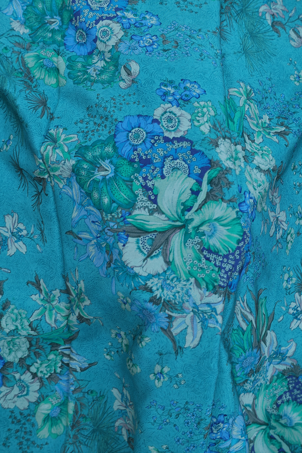 Crepe Saree In Peacock Blue With Floral Design