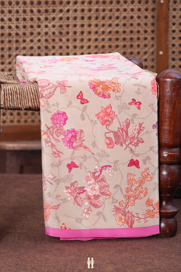 Crepe Saree In Pastel Brown With Floral Printed Design