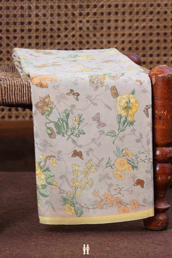 Crepe Saree In Green Beige With Floral Design