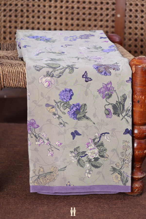 Crepe Saree In Dusty Grey With Floral Design