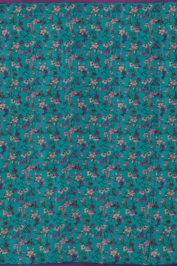 Crepe Saree In Peacock Blue With Floral Design