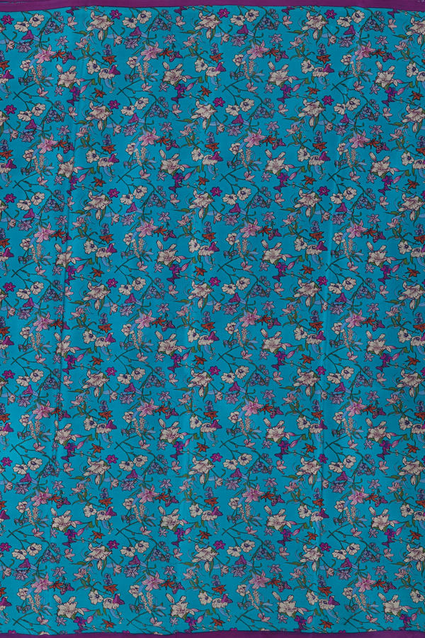 Crepe Saree In Peacock Blue With Floral Design