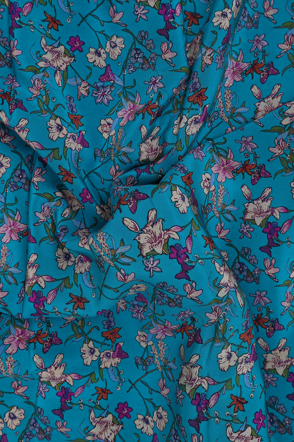 Crepe Saree In Peacock Blue With Floral Design
