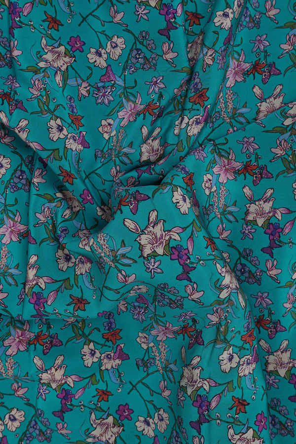 Crepe Saree In Peacock Blue With Floral Design