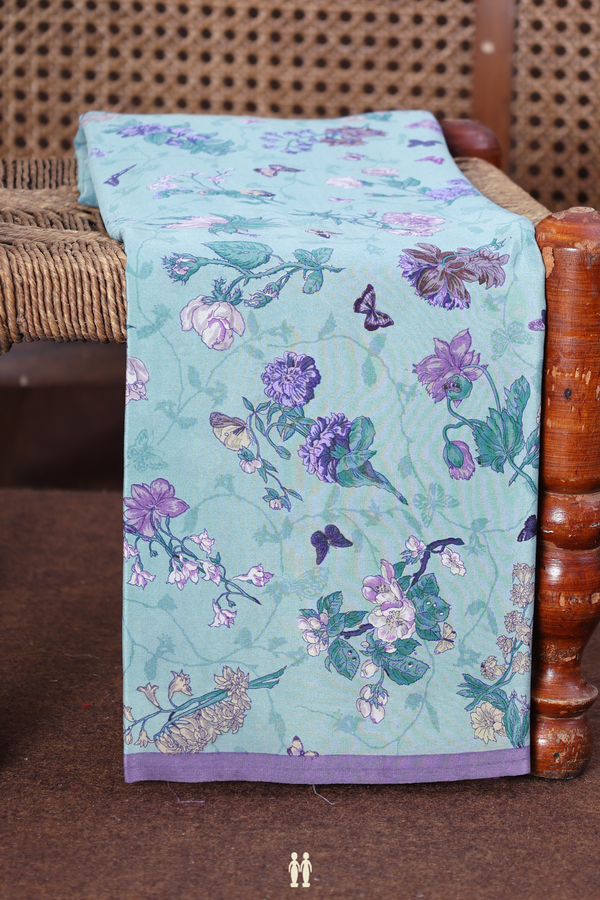 Crepe Saree In Turkish Blue With Floral Design