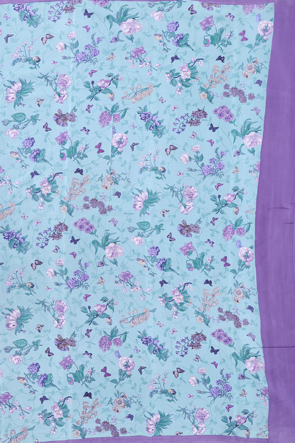 Crepe Saree In Turkish Blue With Floral Design