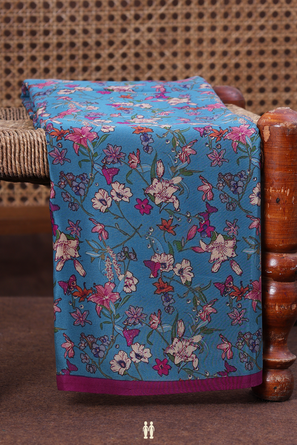 Crepe Saree In Steel Blue With Floral Design