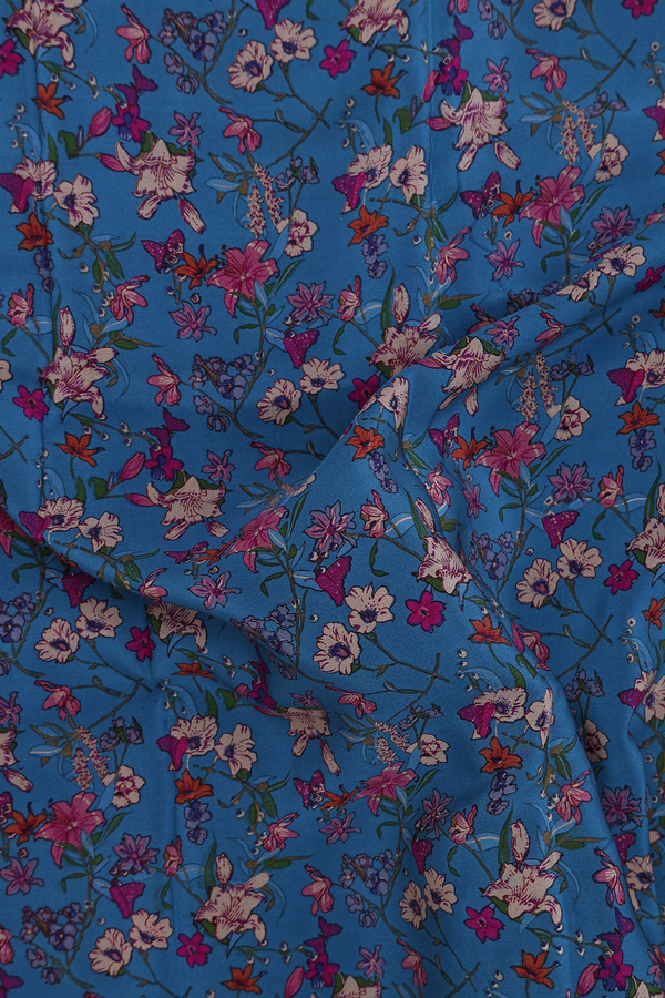 Crepe Saree In Steel Blue With Floral Design