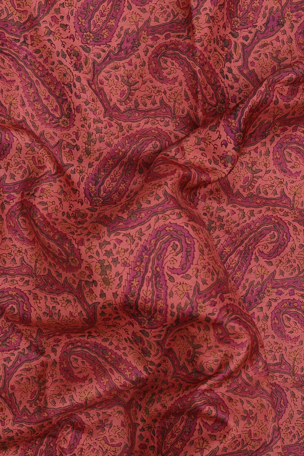Printed Silk Saree In Orange With Paisley Design
