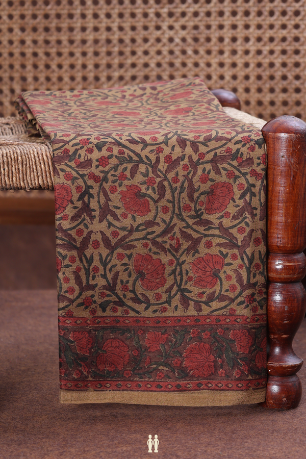 Printed Silk Saree In Greenish Brown With Floral Design