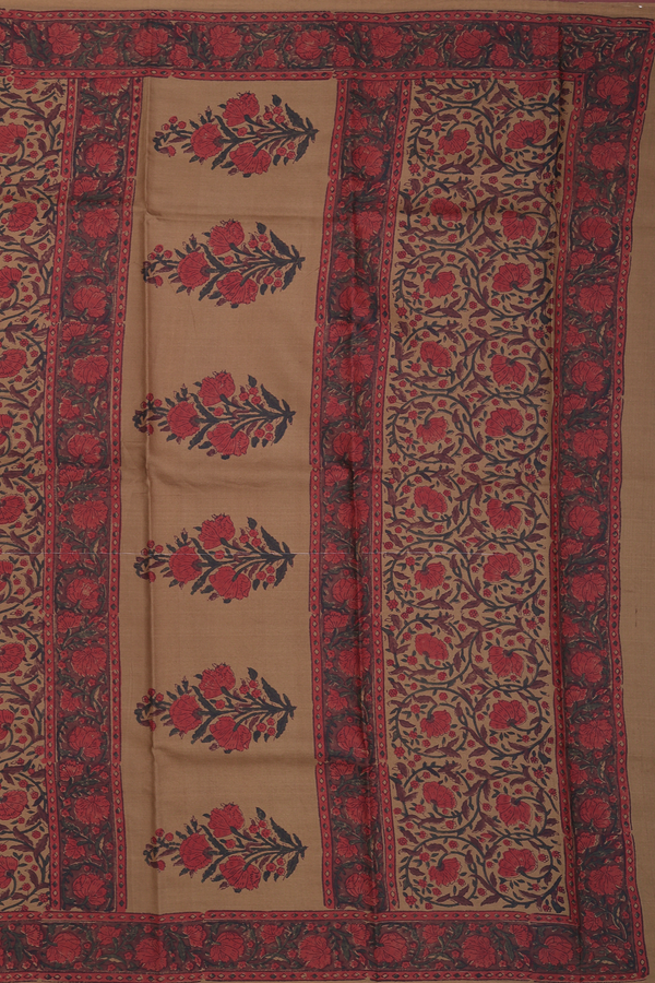 Printed Silk Saree In Greenish Brown With Floral Design