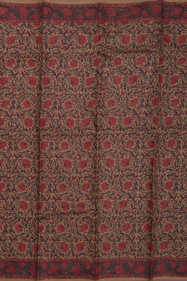 Printed Silk Saree In Greenish Brown With Floral Design