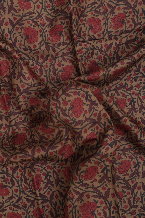 Printed Silk Saree In Greenish Brown With Floral Design
