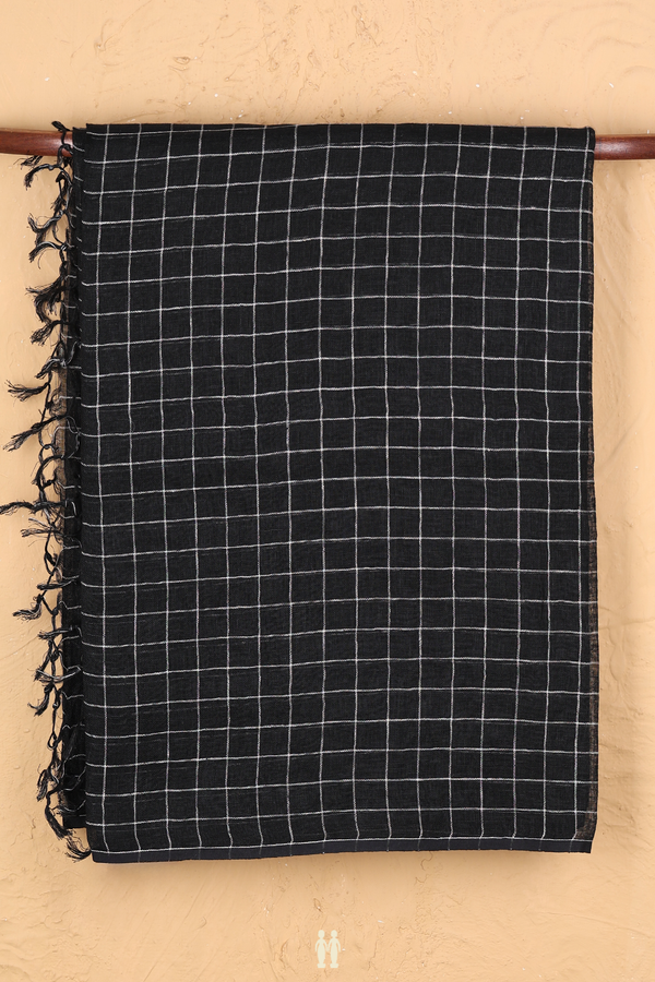 Linen Saree In Black With Checks Design